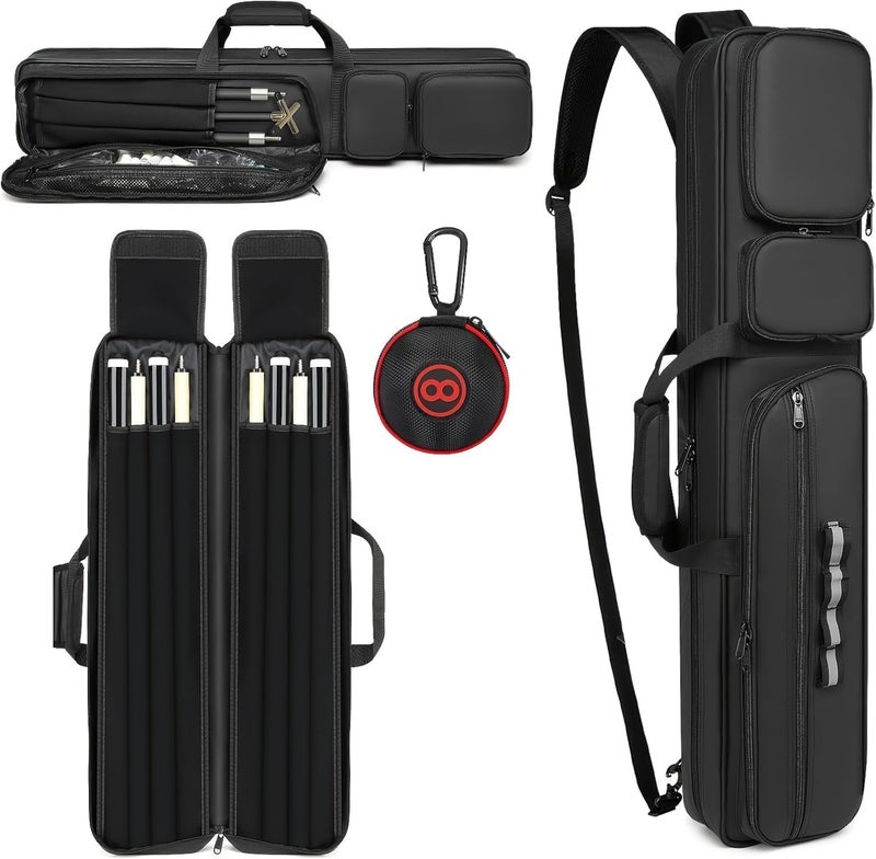 Beejirm Pool Cue Case 4x4, Pool Stick Case Cue Bag with Hidden Backpack-Strap, Cue Stick Case Holds 4 Butts and 4 Shafts, Billiard Pool Cue Carrying Case with Large Front Accessory Pockets and 1 Cue Ball Case - Image 1